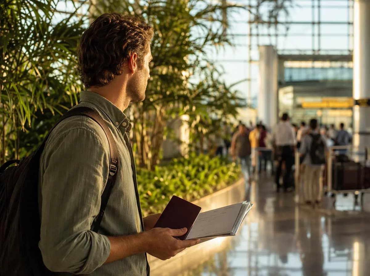 International traveller carrying a passport and arrival documents at an Indian airport