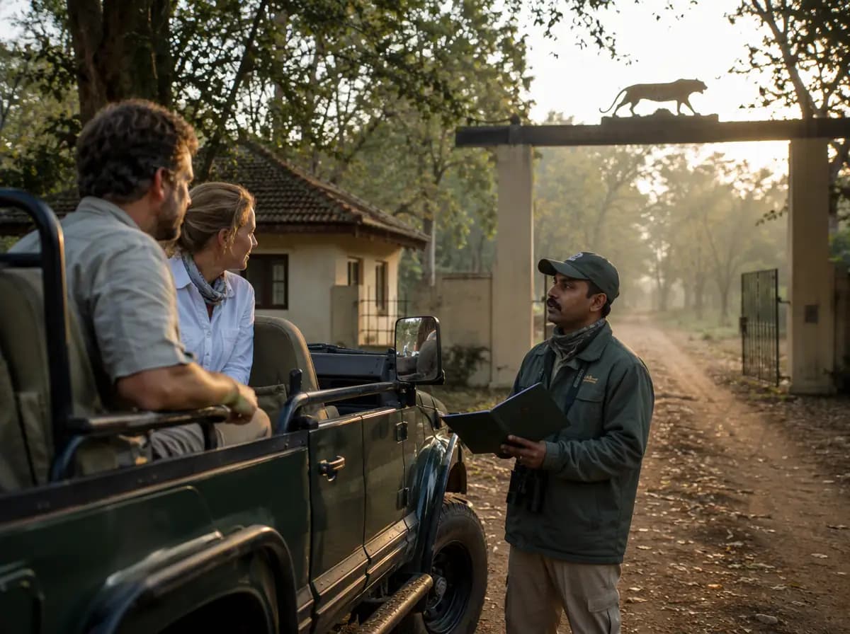Naturalist guide discussing safari permits with guests beside a jeep at an Indian forest reserve