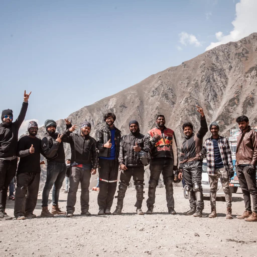 Motorbike expedition riders in the mountains