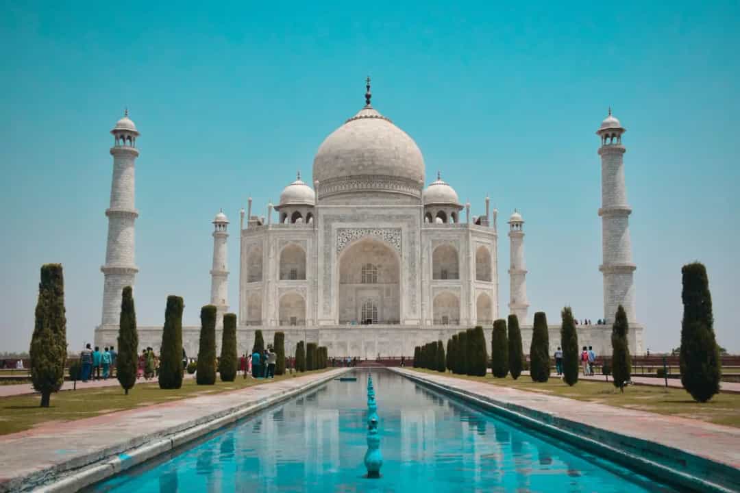 Taj Mahal reflected in its long pool at Agra